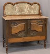 CIRCA 1900 MARBLE TOP WASHSTAND - having a shaped back panel with line inlay, pink marble top and