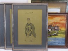 CHINESE NOBLEMAN PAINTINGS ON SILK (3), Eastern painted fabric village scene, signed Sulema ? and