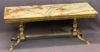 MID-CENTURY BRASS & ONYX COFFEE TABLE - the rectangular top over a galleried frieze, urn shape