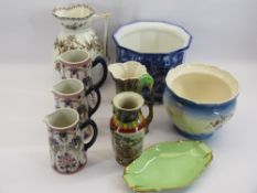 S JOHNSON BURSLEM JUGS, A GRADUATED TRIO - 20cms the tallest, a wash jug, Carltonware dish,