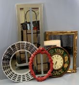 MIRRORS - an assortment of mainly modern and a Dewberry, London 'Vins D'Alsace' decorate wall clock