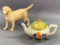 CLARICE CLIFF 'BIZARRE' crocus pattern octagonal shaped teapot, 12cms H and a Beswick Labrador