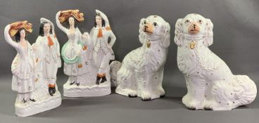 STAFFORDSHIRE FLATBACKS, a pair of Scottish couples, 33cms H and a pair of comforter dogs, 34cms H