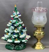 JENNY PHILLIPS OF WALES POTTERY Christmas tree lamp, 47cms H, brass based oil lamp with etched glass