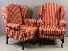 'JUDE HOLDINGS' - pair of modern wingback armchairs with striped and garland upholstery, 102cms H,