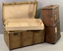 TWO VINTAGE WOODEN BANDED TRAVEL TRUNKS, the largest with inner tray, labelled 'Keanes of Broad