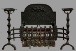 CAST IRON FIRE GRATE, pair of fire dogs with tool rests and cup warming holders, 60cms H, 100cms
