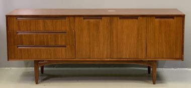MID-CENTURY TYPE SIDEBOARD with three drawers and three cupboard doors, 76cms H, 186cms W, 45cms D