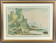 J SALMON watercolour - fishermen at work near shoreline in castle grounds, signed, 17 x 39cms