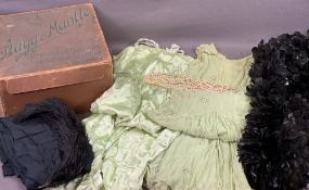 VINTAGE LADY'S CLOTHES, FEATHERS & PEARLS in an old retail box for 'Stagg & Mantle, Leicester