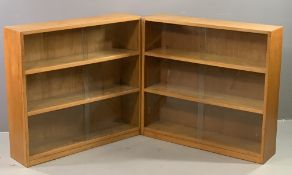 BOOKCASES - pair of light wood having three shelves and sliding glass doors, 85cms H, 92cms W, 22cms