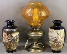 SATSUMA VASES, a pair, 31cms H and a brass based oil lamp with good amber glass shade