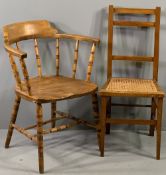 SMOKER'S BOW TYPE VINTAGE ELBOW CHAIR, 80cms H, 58cms W, 42cms D and a cane seated bedroom chair