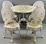 RETICULATED WHITE METAL GARDEN FURNITURE comprising circular table, 69cms H, 80cms diameter and four