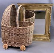 ORNATE GILT FRAMED BEVELLED GLASS WALL MIRROR, 61cms H, 53cms W and a wicker basket doll's pram