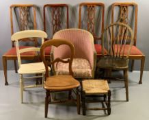 ANTIQUE MAHOGANY DINING CHAIRS - set of four with fretwork backs and red upholstered pad seats, also