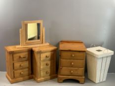 PINE BEDROOM FURNITURE - a pair of narrow chests of three drawers, 57cms H, 39cms W, 30cms D,