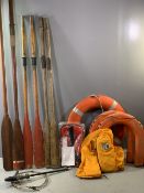 BOATING INTEREST - a quantity of oars (two pairs and two others), 'Perry Buoy' lifebuoy and