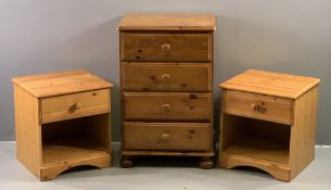 MODERN PINE BEDROOM FURNITURE - narrow chest of four drawers, 86cms H, 58cms W, 45cms D and a pair