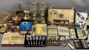 EPNS CASED CUTLERY SETS - a good assortment plus two pairs of brass candlesticks, other brass and