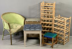 FURNITURE ASSORTMENT - loom type chair and basket, small modern shelf racks, string topped stool and