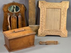 TREEN - antique Welsh love spoon sugar tongs, clothes brush set, mahogany sarcophagus shaped