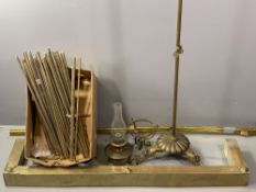 BRASS STAIR RODS, other brass fittings, fender and a decorative rise and fall oil lamp