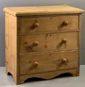 VINTAGE PINE CHEST OF THREE DRAWERS, 82 cms H, 85cms W, 46cms D