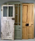 VINTAGE PINE DOORS (2), both four panels, 203cms H, 81cms W, 4cms D and two other similar era doors,