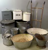 VINTAGE GALVANIZED BATHS (2), galvanized bins, pail, enamel bread bins and an old parcel trolley