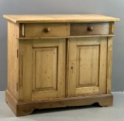 VINTAGE PINE SIDEBOARD BASE with fielded panelled front doors and two drawers above with turned