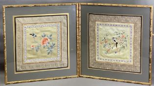 BAMBOO FRAMED TAPESTRIES ON SILK, a pair featuring exotic bird and floral scenes, overall sizes 46 x