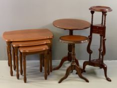 FURNITURE ASSORTMENT to include reproduction nest of three coffee tables, whatnot, circular topped