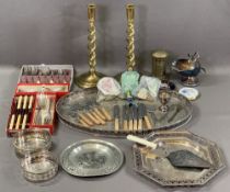 BRASS TWIST STEM CANDLEHOLDERS, a pair, vintage brass moneybox, EPNS cutlery ETC