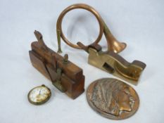 ANTIQUE TOOLS - brass and wooden block plane marked 'J Howarth, Sheffield', 29cms L, another block