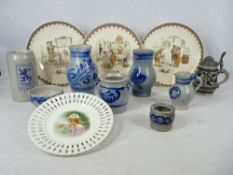 SARREGUEMINES FABLES STORY PLATES, German stoneware vessels and a Victorian ribbon plate