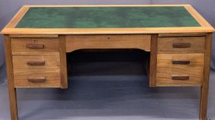 MID-CENTURY TEAK OFFICE DESK - with inset green leather top, central frieze drawer, twin pull-out