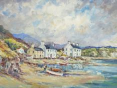 DORIS E CRICHTON oil on board - near Morfa Nevin with beached boats and figures, signed in full,