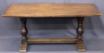 OAK TRESTLE REFECTORY TABLE with substantial baluster supports and pegged joints, 73cms H, 166cms W,