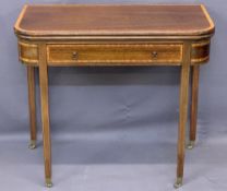 FOLDOVER CARD TABLE, quality reproduction crossbanded mahogany, with single frieze drawer, with line