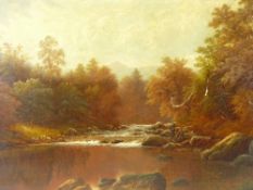 WILLIAM MELLOR oil on canvas - river scene with fishermen, title verso 'Langdale Beck,