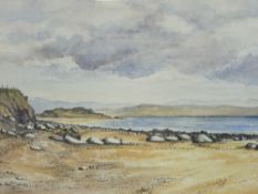 CHRIS FINLOW fine watercolour - beach and coastal scene with fence on cliff and hills to background,