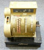 VINTAGE NATIONAL CASH REGISTER in decorative brass, on a wooden base, no. 422 and 1266955, the