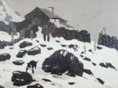 SIR KYFFIN WILLIAMS RA coloured print - farmer and dogs in snow, 37 x 37cms