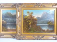 W COLLINS oils on board - river scenes with boats, 33 x 44cms