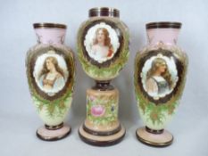 VICTORIAN MILK GLASS GARNITURE SET OF THREE VASES including a central globular vase on pedestal