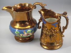 A VERY LARGE COPPER LUSTRE JUG - with blue band and raised figural and animal decoration, 18cms H (