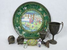 CLOISONNE & ENAMEL CHARGER - 33cms diameter, a pair of metallic fish ornaments, silver trophies, 8.9