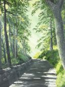 P MEYRICK oil on board - tree lined lane with sun shafts, signed and dated 1973, 72 x 57cms