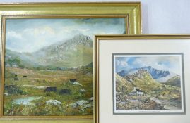 GWYNETH TOMOS oil on canvas along with a framed limited edition print, the oil depicting cattle